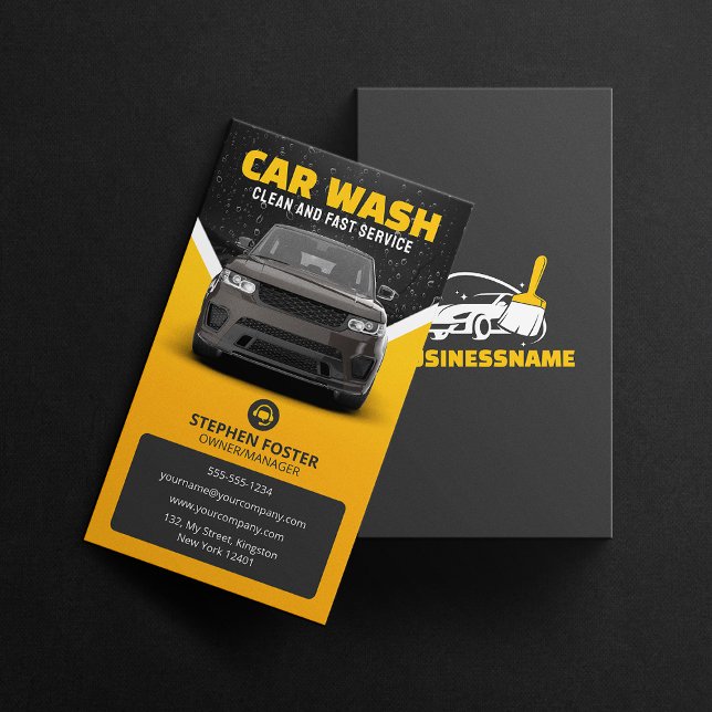 Yellow Car Wash Auto Detailing Mobile Car Wash Business Card (Creator Uploaded)