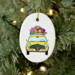 Yellow Car with Christmas Gifts Ceramic Ornament
