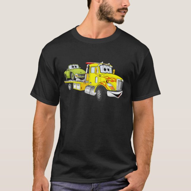 Yellow Cartoon Flatbed Tow Truck T-Shirt (Front)
