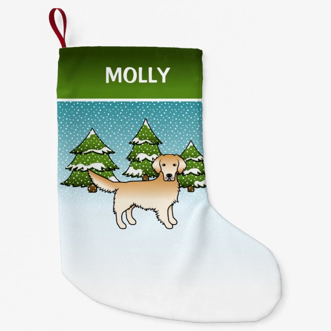 Yellow Cartoon Golden Retriever In Winter & Name Small Christmas Stocking (Front)