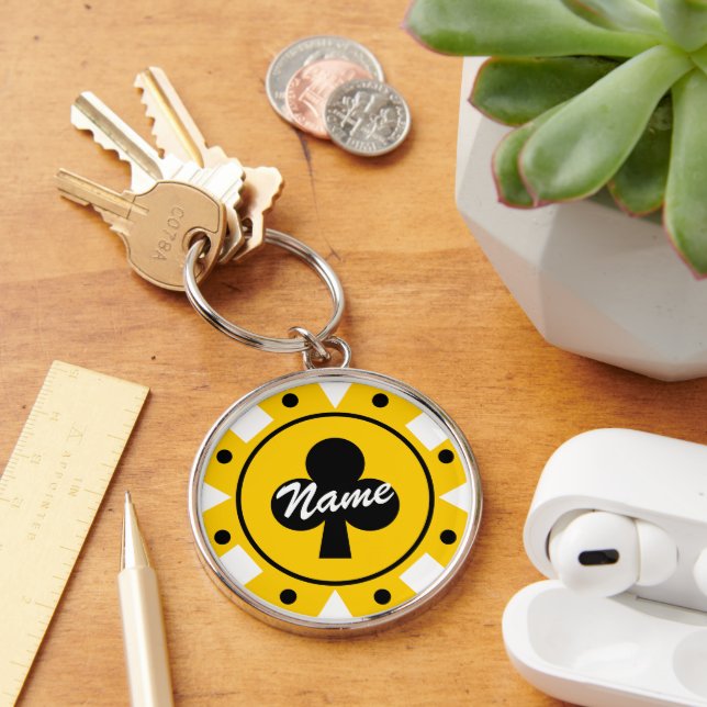 Yellow casino poker chip keychain with name (Desk)