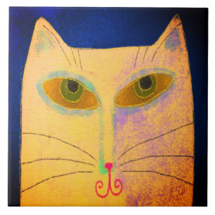 Yellow Cat Abstract Digital Painting Ceramic Tile