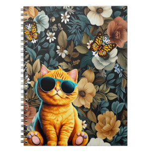 Yellow Cat and Butterflies on Floral Background Notebook