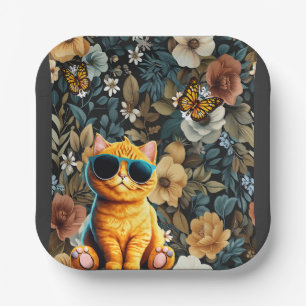 Yellow Cat and Butterflies on Floral Background Paper Plate