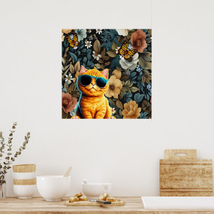 Yellow Cat and Butterflies on Floral Background Poster