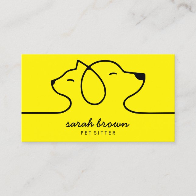 Yellow Cat Dog Line Logo Petsitter Business Card (Front)