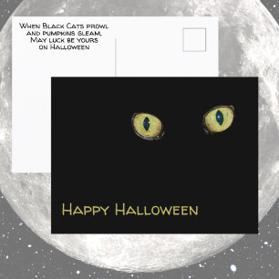 Yellow Cat Eyes Happy Halloween Photographic Black Postcard