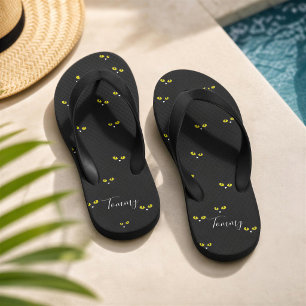 Yellow Cat Eyes on Black Best Halloween Party Kid's Thongs