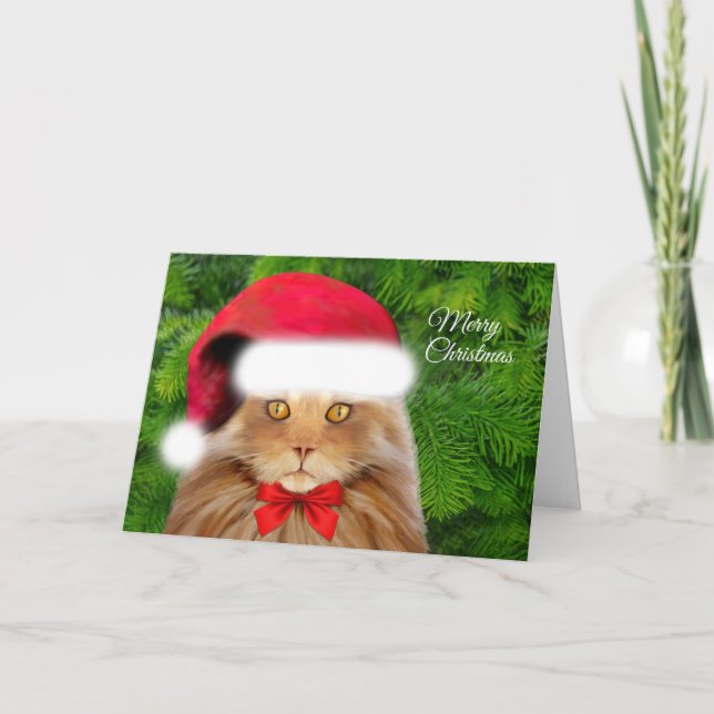 Yellow Cat in Santa Hat with Bow Holiday Card (Front)