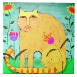 Yellow Cat in the Garden Abstract Painting Ceramic Tile