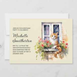 Yellow Cat Window Flowers Birthday  Invitation