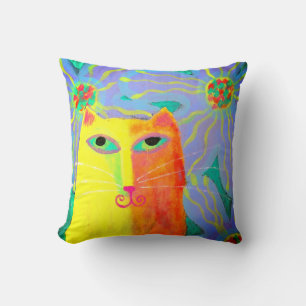 Yellow Cat with Flowers Abstract Art Cushion