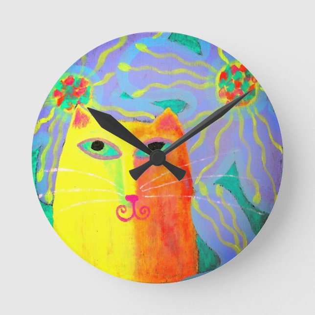 Yellow Cat with Flowers Abstract Art Round Clock (Front)