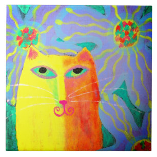 Yellow Cat with Flowers Abstract Painting Ceramic Tile