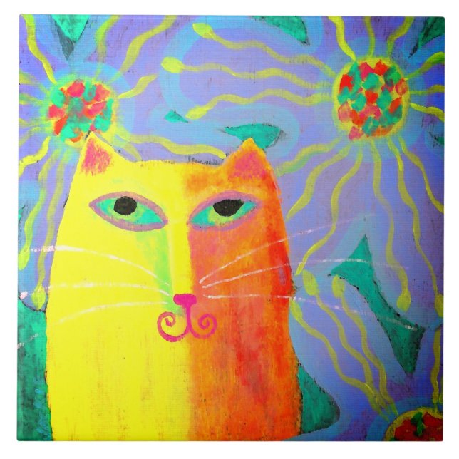 Yellow Cat with Flowers Abstract Painting Ceramic Tile (Front)