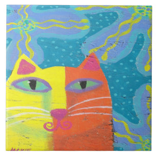 Yellow Cat with Purple Flowers Abstract Painting Ceramic Tile