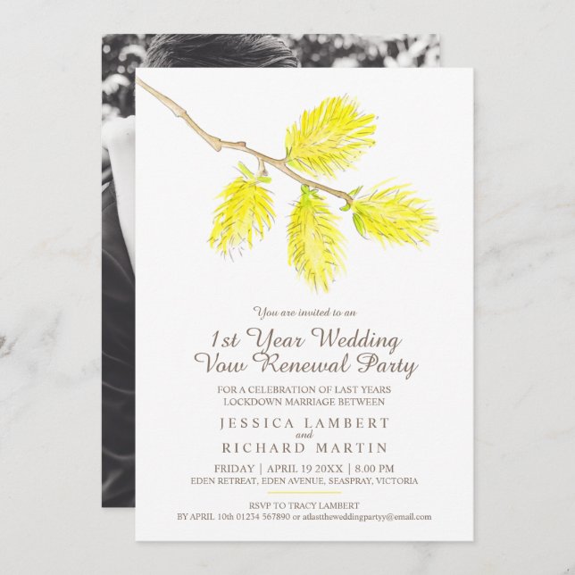 Yellow catkin spring 1st wedding vow renewal party invitation (Front/Back)