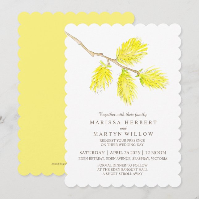 Yellow catkin watercolor wedding invitations (Front/Back)