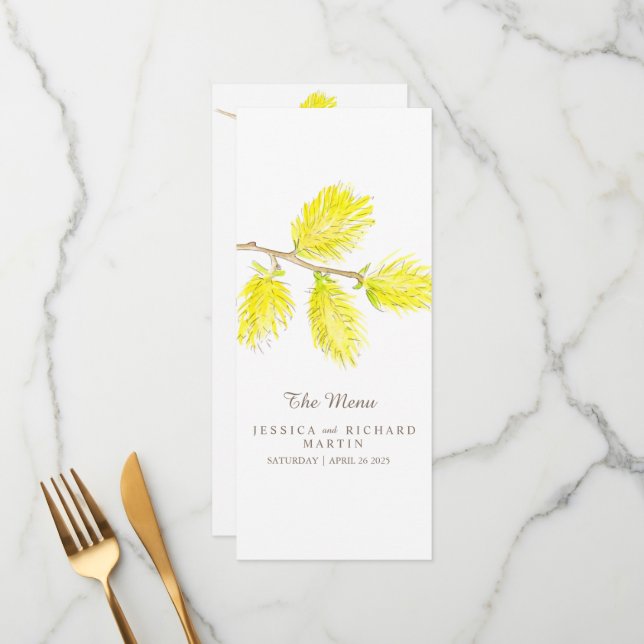 Yellow catkins watercolor wedding menu (Front/Back In Situ)