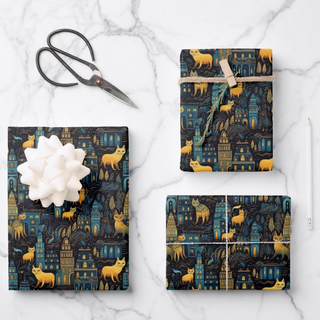 Yellow Cats in The City Night Ai Art Wrapping Paper Sheet (Front)