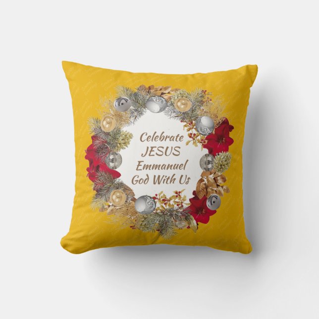 Yellow CELEBRATE JESUS Christmas Wreath Cushion (Front)