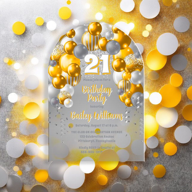 Yellow Celebration Balloons 21st Birthday Party Acrylic Invitations (Golden Yellow | Silver Tone | White Balloon Arch and Confetti 21st Birthday Party Acrylic Invitation)