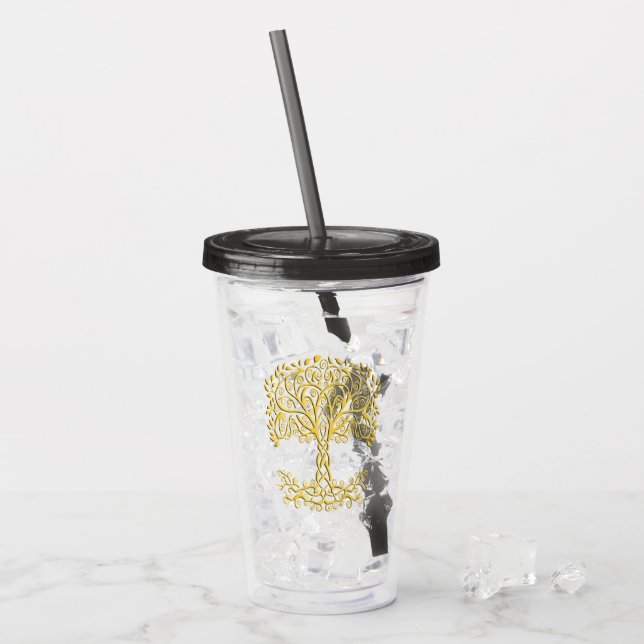 Yellow Celtic Tree Of Life Acrylic Tumbler (Front Ice)