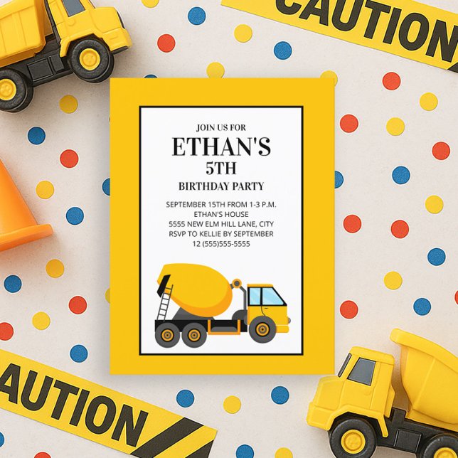 Yellow Cement Truck Birthday Party Postcard (Yellow cement mixer 5th birthday party invitation)