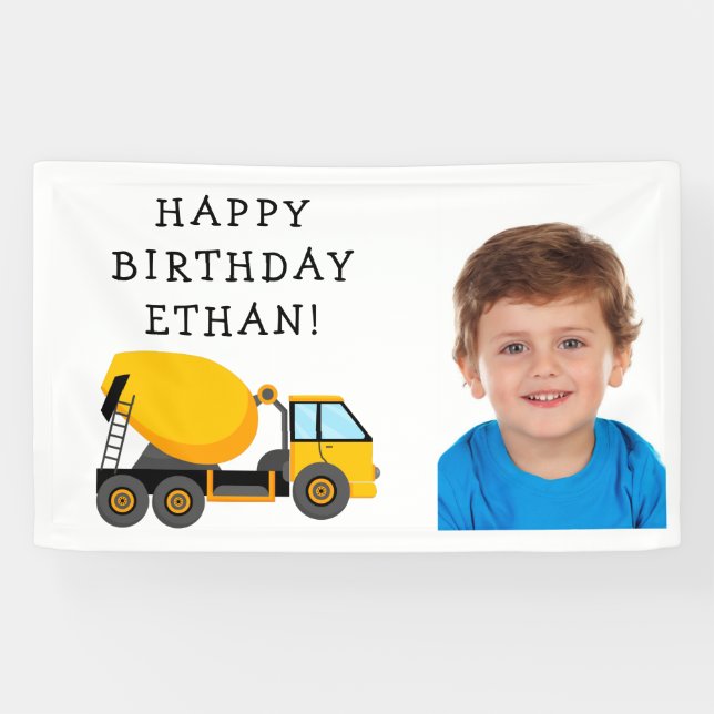 Yellow Cement Truck Child's Birthday Photo Banner (Horizontal)