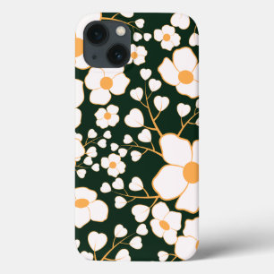 Yellow Centred White Flowers & Green Background iPhone 13 Case