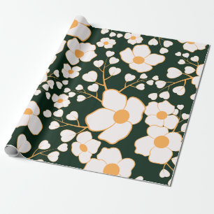 Yellow Centred White Flowers & Green Background Wrapping Paper
