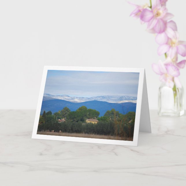 Yellow Chalet and Snowy Mountains Card (Orchid)