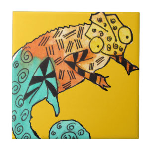 Yellow chameleon reptile art doodle illustration ceramic tile