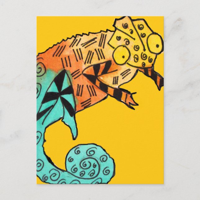 Yellow chameleon reptile art doodle illustration postcard (Front)