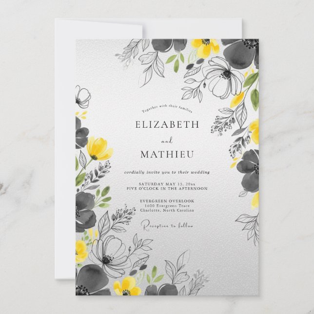 Yellow Charcoal Graceful Spring Wedding Invitation (Front)