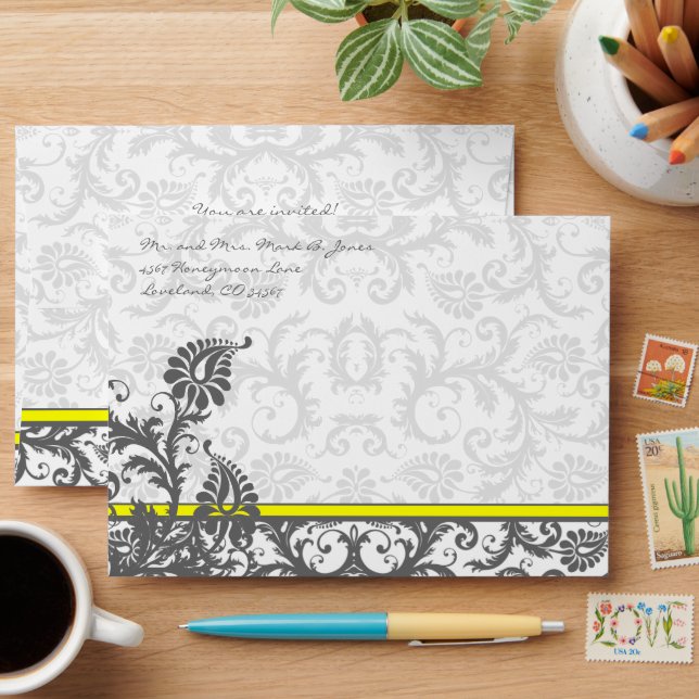 Yellow & Charcoal Grey Damask Wedding Envelopes (Desk)