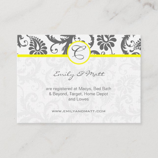Yellow & Charcoal Grey Damask Wedding Info Cards (Front)