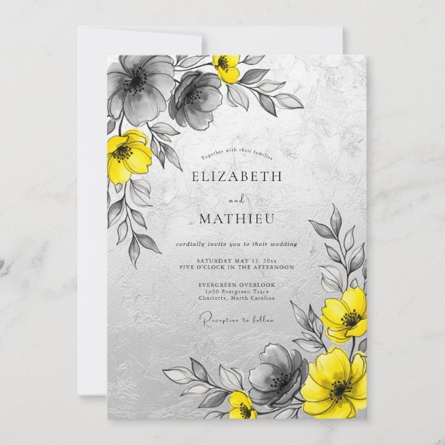 Yellow Charcoal Sophisticated Modern Wedding Invitation (Front)