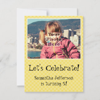 Yellow Check Cute Photo Birthday Party Invitations