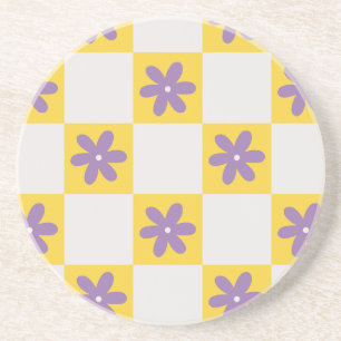 Yellow Checkerboard Floral Pattern – Purple Daisy  Coaster