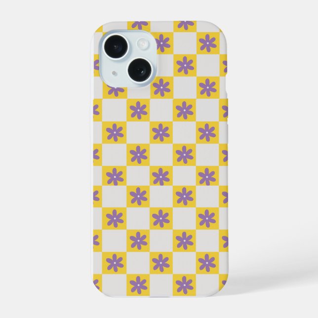 Yellow Checkerboard Floral Pattern – Purple Daisy  iPhone 15 Case (Back)