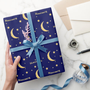 Yellow Cheese Moon & Stars Personalised Celestial Wrapping Paper