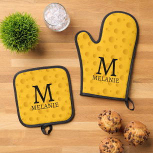 Yellow cheese slice print custom monogram oven mitt & pot holder set