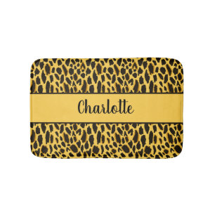 Yellow Cheetah Print with Black Spots Custom Name Bath Mat