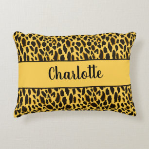 Yellow Cheetah Print with Black Spots Custom Name Decorative Cushion