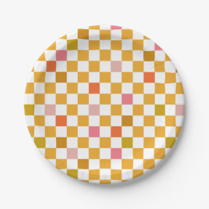 Yellow Chequerboard Pattern Birthday Paper Plate