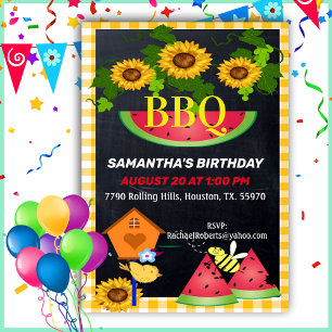 Yellow Chequered Country Sunflower Birthday BBQ In Invitation