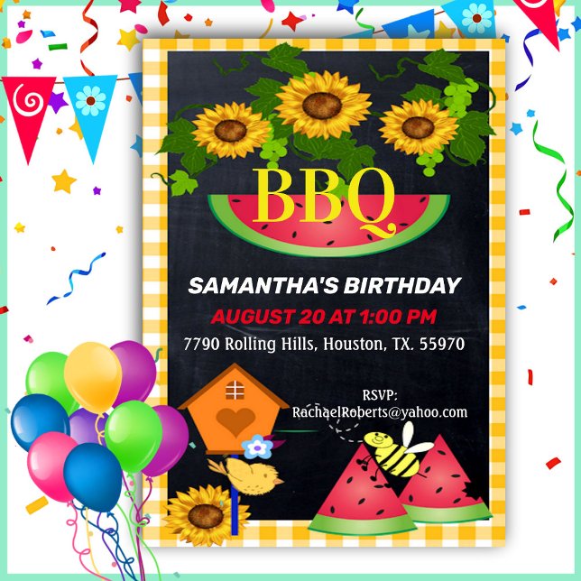 Yellow Chequered Country Sunflower Birthday BBQ In Invitation (Creator Uploaded)