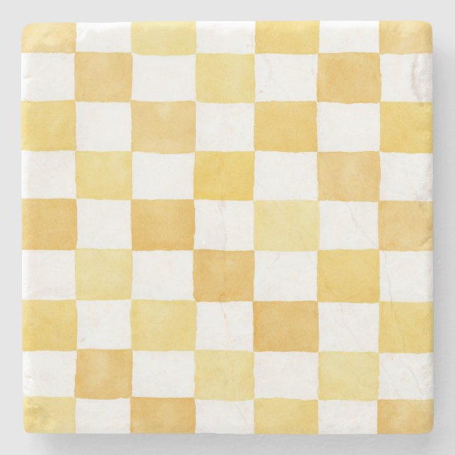 Yellow Chequered Decorative Stone Coaster (Front)
