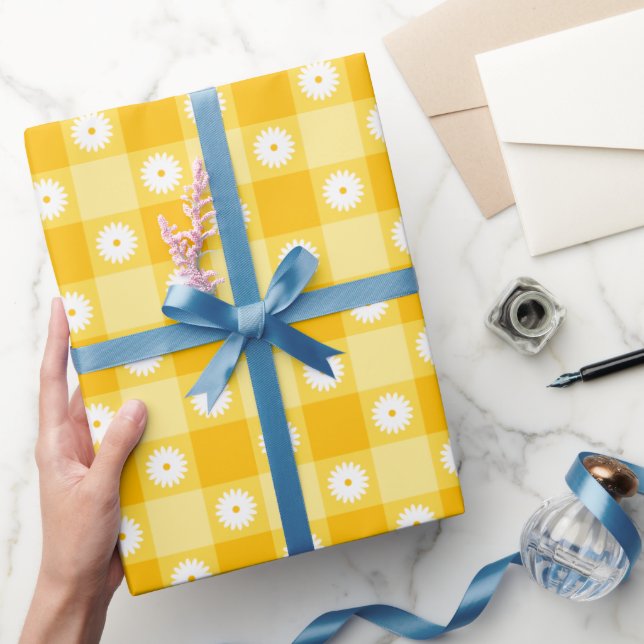Yellow Chequered Floral Wrapping Paper (Gifting)